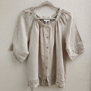 Belle France Beige Off the Shoulder 100% Linen Short Sleeve Lace Hem Top sz L